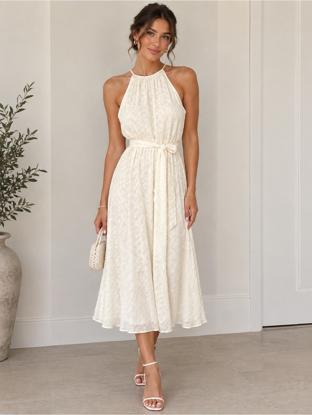 DKNY Cream Halter Midi Dress with Waist Tie